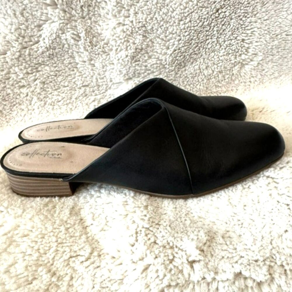 CLARKS COLLECTION JULIET WILLOW BLACK LEATHER MULES SIZE 12